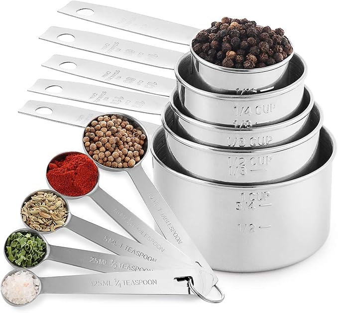 Laxinis World Stainless Steel Measuring Cups and Spoons Set, 10-Piece | Satin-brushed Steel, Engraved Metric and US Standard Markings, Elongated Handles, Nesting Ring Storage, and Dishwasher Safe