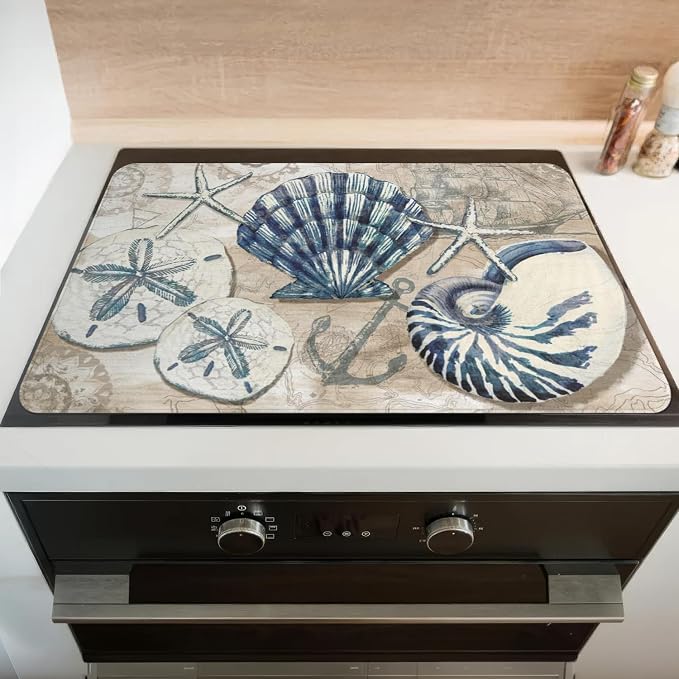 Nautical Stove Top Cover for Electric Stoves,Spring Summer Ocean Seashell Beach Stove Top Cover for Kitchen Decor,Heat Resistant Cooktop Protector Mat,Non-Slip Washable Dish Drying Mat 28"x20"