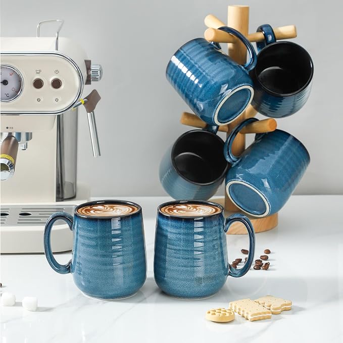 HASENSE Porcelain Coffee Mugs Set of 6, 15 Ounce Large Ceramic Coffee Cups Set with Handle for Latte, Tea, Cocoa and Hot Chocolate, Blue Coffee Mugs for Men and Women, Microwave Safe