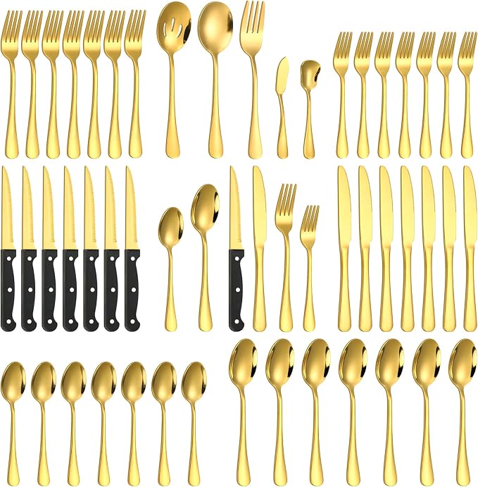 Lazycorner 53 Piece Gold Silverware Set for 8, Flatware Set with Steak Knives for 8 and 5 Public Serving Use Set 18/10 Stainless Steel Utensils Set Cutlery Set For Restaurant Hotel Dishwasher Safe