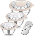 TeamFar Mixing Bowls, 3PCS Stainless Steel Serving Salad Bowls | with Lids & 3 Graters for Kitchen Mixing/Baking/Storing/Prepping, Visible & Airtight, Easy Clean - 4.5/3/1.5 QT, Khaki