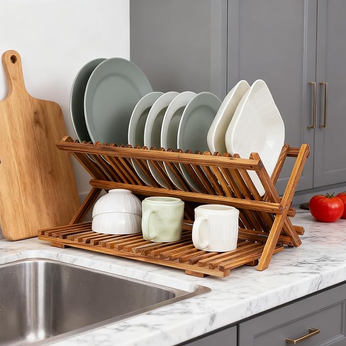 Utoplike Large Teak Dish Drying Rack, Wood Collapsible Organizer for Plates | 3 Tier Kitchen Dish Draine for Countertop, for Pasta Plates, Cups, Pots