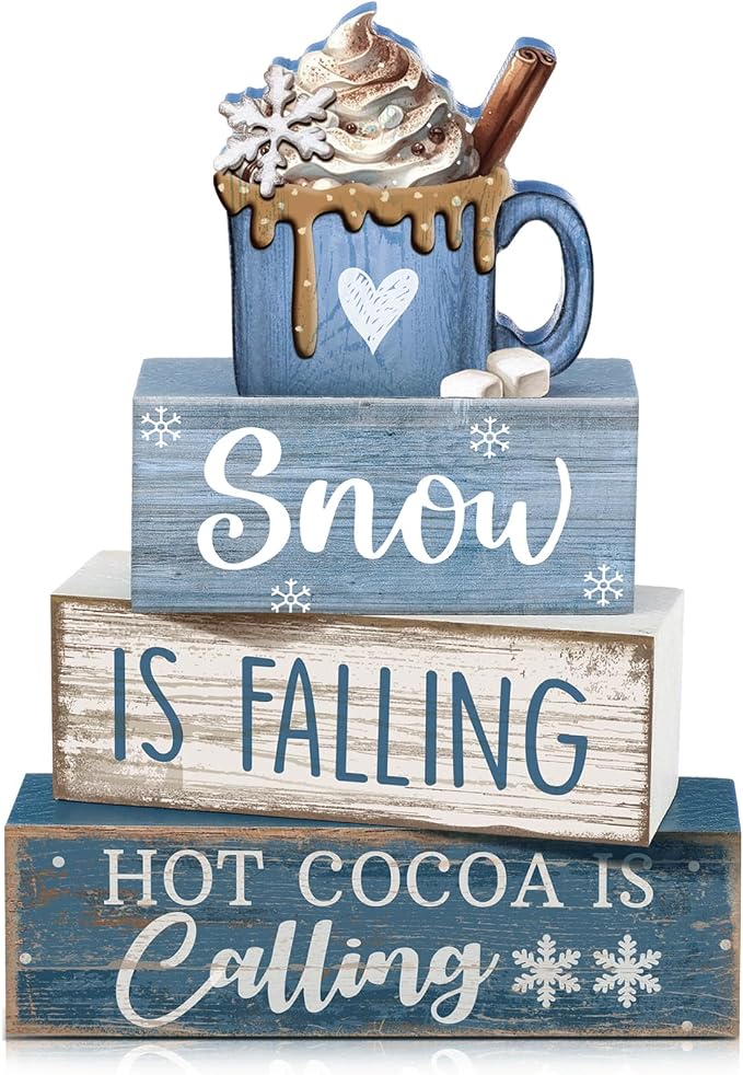 Lineshading 4 Pcs Wooden Block Signs Tiered Tray Decor Farmhouse Coffee Mug | Rustic Home Tabletop Shelf Accent, Stackable Coffee Quote Blocks with Ghost Mug Piece, Farmhouse Seasonal Kitchen Gift