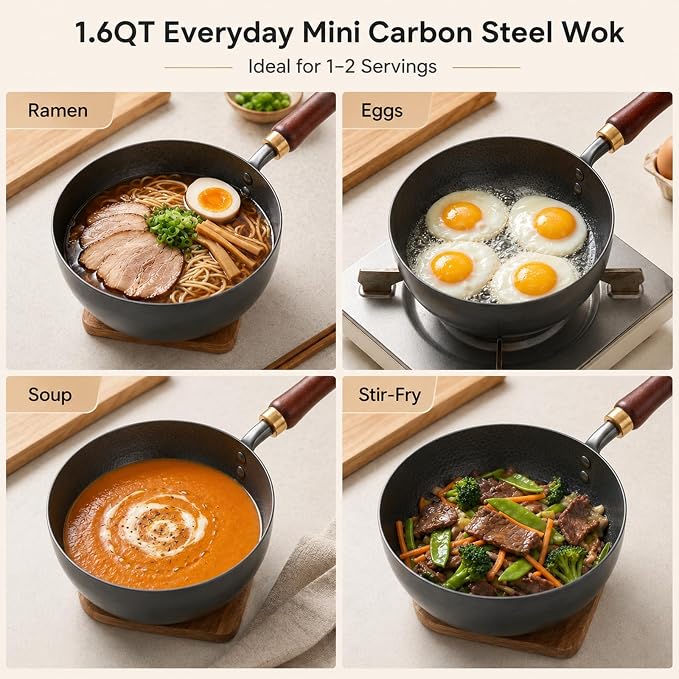 7.8-Inch Small Carbon Steel Wok with Wooden Lid, 1.6QT | Cold-Forged Flat Bottom, Coating-Free Carbon Steel, Induction Ready, Compact Size for Eggs, Ramen, Soup and Oatmeal
