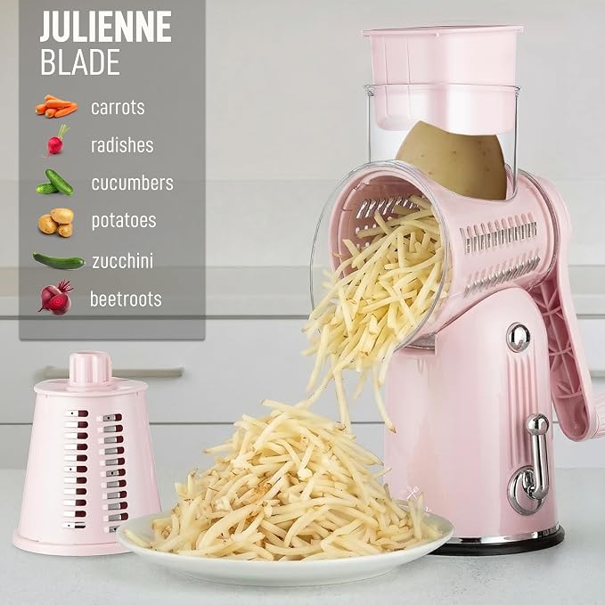 Zulay Kitchen Rotary Cheese Grater 5 Blade Cheese Shredder - Manual Hand Crank Cheese Grater With Reinforced Suction & 5 Interchangeable Drums - Easy to Use, Vegetable Chopper Round Mandoline Slicer