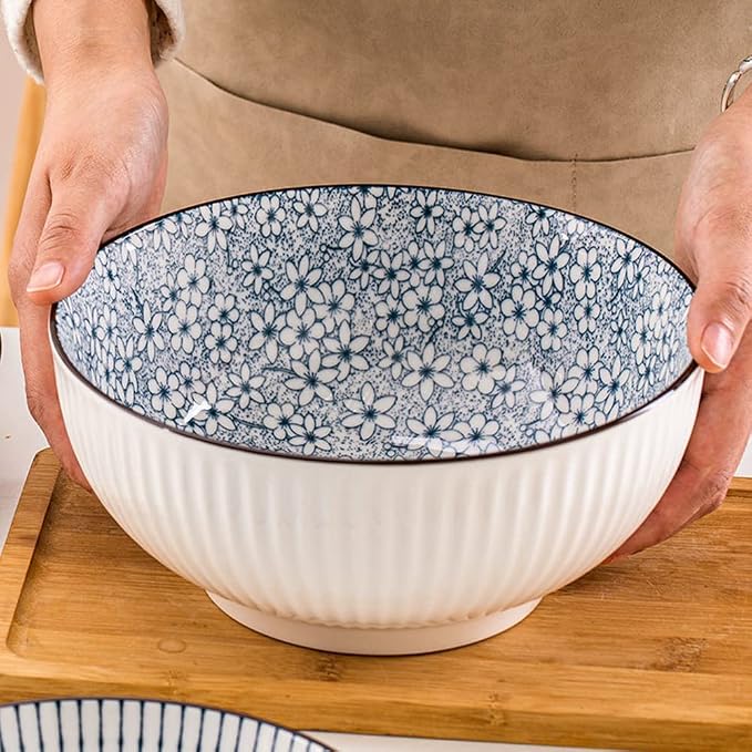 Houlu 60 oz Pho Bowls, Large Soup Bowl, Japanese Ramen Bowl Set, 8 inches Big Porcelain Bowls Set of 3, Wave Pattern
