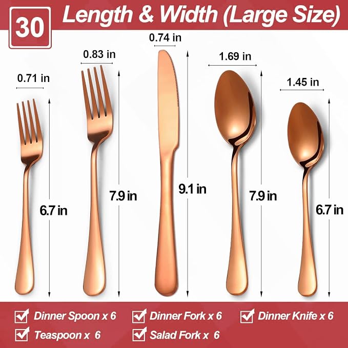 30 Pcs Rose Gold Silverware Set for 6, Food Grade Stainless Steel Flatware Set, Eating Utensils Sets Include Fork/Knife/Spoon, Reusable Cutlery Set for Home Kitchen, Dishwasher Safe, Round Edge
