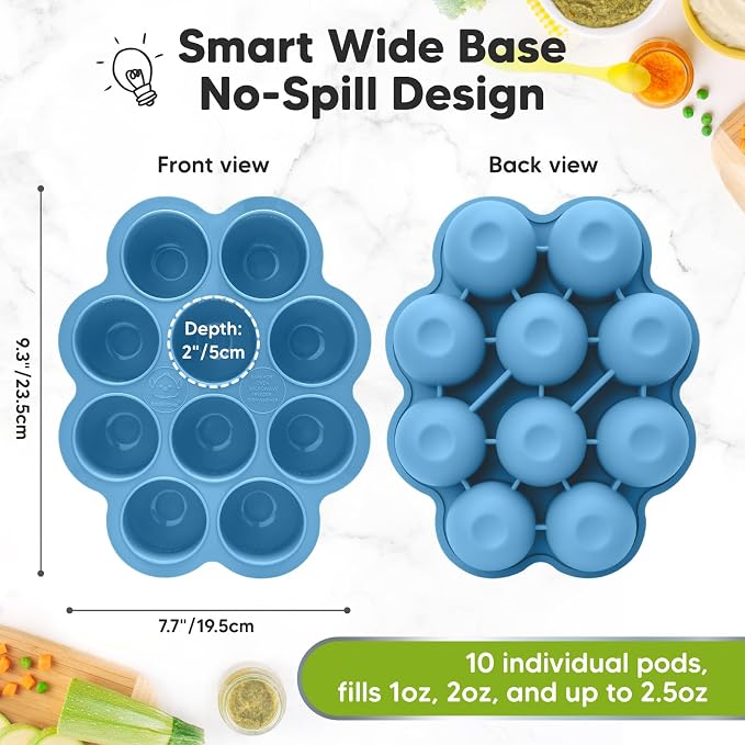KeaBabies Silicone Food Freezer Trays with Lid, 2oz x 10 Pods (Misty Blue) | Baby Food Storage Containers, Easy Puree Meal Prep, Breast Milk Silicone Freezer Molds, Dishwasher, Microwave Safe, BPA-Free