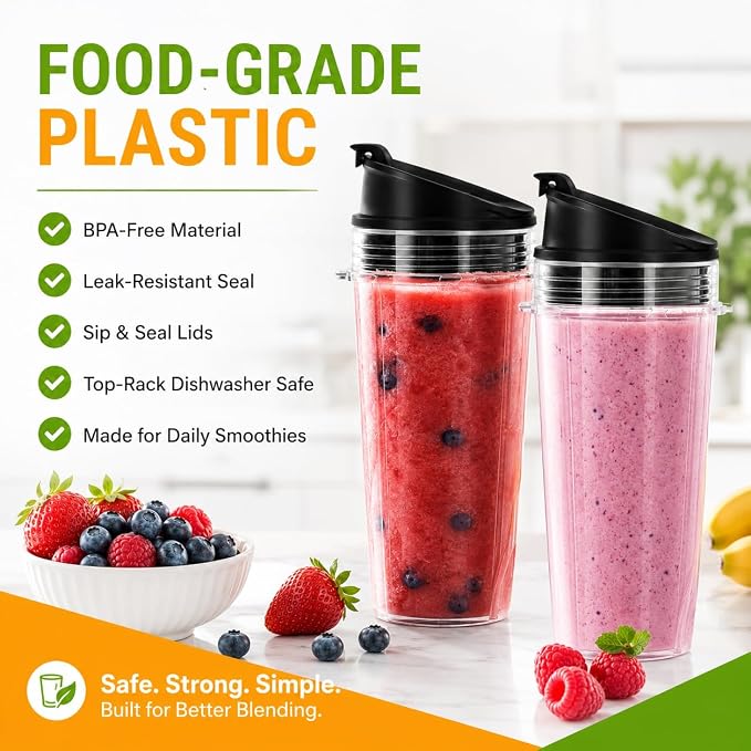 16 oz Ninja Blender Cups Replacement, 3 Pack Cups with Lids, Compatible with QB3001SS, BL660, BL770, BL780, BL740, BL810, 4-Tab Nutri Ninja Blender Cups