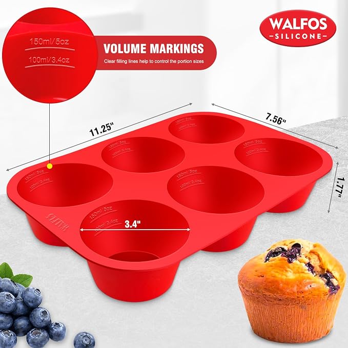 Walfos Silicone Texas Muffin Pan Set- 6 Cup Jumbo Silicone Cupcake Pan, Non-Stick, Just Release! Perfect for Egg Muffin, Big Cupcake - BPA Free and Dishwasher Safe, Set of 2