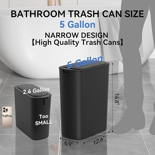 FRESHLIX 5 Gallon Bathroom Automatic Trash Can with Lid, Motion Sensor Touchless Trash Bin,Smart Electric Slim Waterproof Garbage Bin for Toilet, Office, Kitchen, Bedroom, Living Room (Black)
