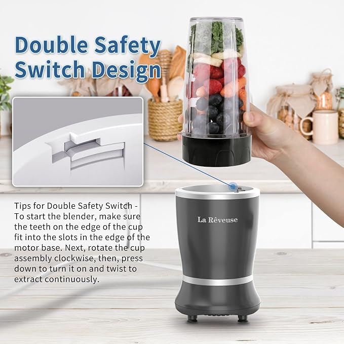 La Reveuse Personal Smoothie Blender, 7 Pieces Set, 250W, Black | for Shakes Smoothies Dips Sauces, BPA-free, Push to Blend, (1) 15oz Cup, (1) 10oz Mug, Dishwasher Safe, Compact, LARB2501B