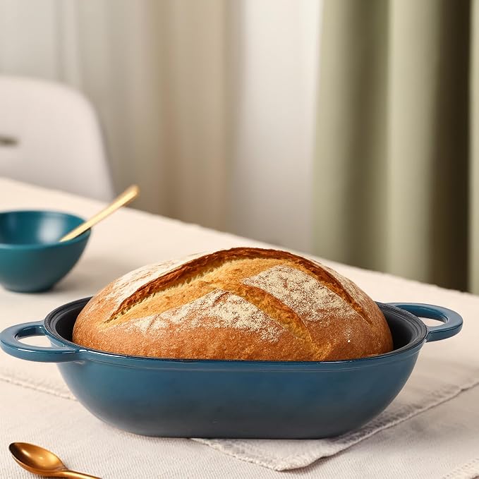 Crucible Cookware Enameled Cast Iron Bread Pan Dutch oven with Lid and Loop Handles - Dark Teal Blue – Oven Safe Form for Baking and Cooking, Artisan Bread Kit - Loaf Pan