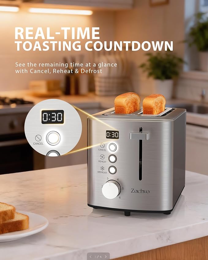 2 Slice Toaster with Countdown Timer, Wide Slots Fits Thick Bread & Bagel | 6 Browning Levels, Defrost, Reheat & Cancel, Removable Crumb Tray, Compact Design for Everyday Breakfast