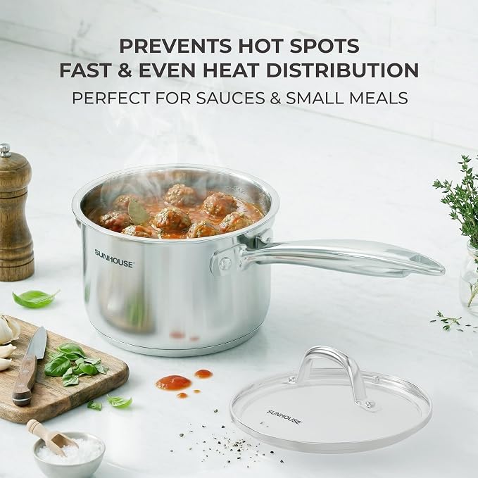 SUNHOUSE 2 QT Stainless Steel Saucepan with Lid, 3-Ply Small Sauce Pot | 18/10 Stainless Steel Pot For Cooking - Induction Compatible Milk Pan - PFOA Free, Oven & Dishwasher Safe Sauce Pan