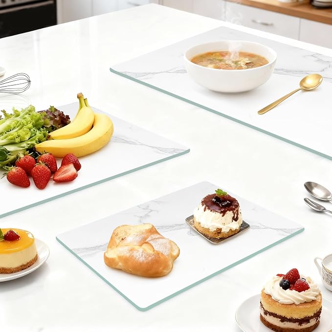 Murrey Home Glass Cutting Board for Kitchen Counter, Tempered Glass Chopping Boards Dishwasher Safe, Small Clear Countertop Tray, Scratch Resistant, Heat Resistant, Non Toxic, White Marble, 12"x8"