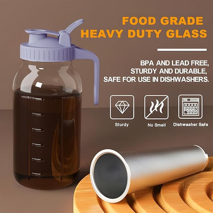 Cold Brew Coffee Maker, 64 oz Glass Mason Jar Pitcher | 100μm stainless steel filter, wide mouth design, leak-proof lid with handle, pour spout for iced coffee, tea and cold drinks