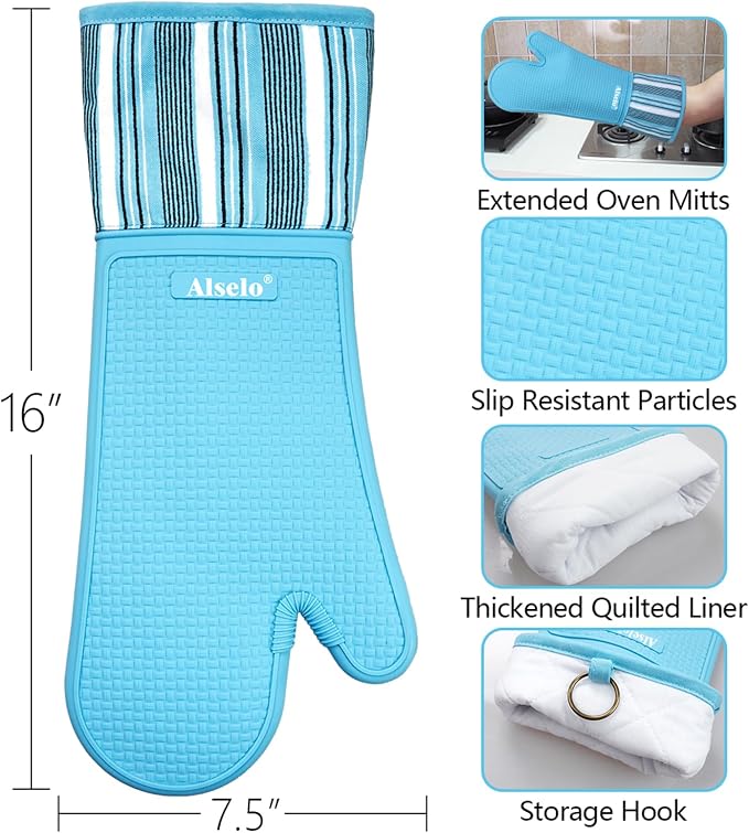 Alselo Silicone Oven Mitts Set, Heat Resistant 550 Degree,7.5"x16" | Extra Long Kitchen Mittens,Waterproof & Non-Silp Oven gloves for Baking Cooking Barbecue Microwave (Extra Long Sapphire, 2)