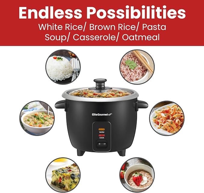 Elite Gourmet ERC003BX Rice Cooker, Keep Warm, Black, 6 Cups Cooked | 3 Cups Uncooked - Also Makes Soups, Stews, Grains and Hot Cereals for Versatile One-Pot Meals
