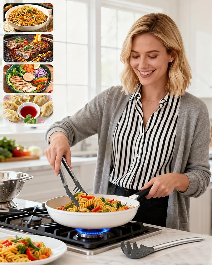 Spaghetti Spoon and Pasta Tong with Teeth and Drain Holes, 2-Piece Non-Stick Silicone Spoon Server Fork with Stainless Steel Handle, Kitchen Tong for Cooking, Serving, Salad and Noodles, Grey