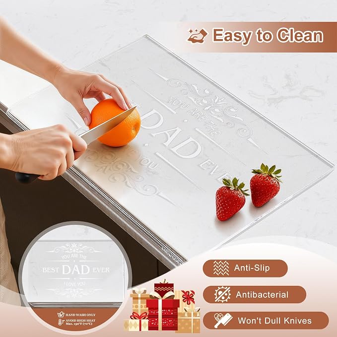 Engraved Acrylic Cutting Board with Counter Lip - Best Dad Ever Dad Gifts from Daughter Son Cooking Gift for Father Daddy Christmas Birthday Presents Clear Countertop Protector Kitchen Decor