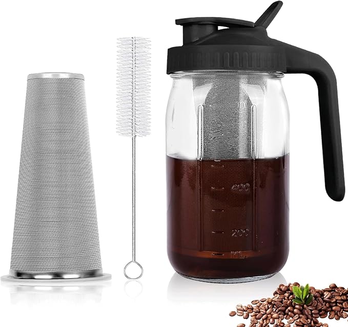 Cold Brew Coffee Maker, 32 oz Mason Jar Pitcher with Stainless Steel Filter, Pour Spout Handle Lid, Heavy Duty Glass Airtight & Leak-Proof for Iced Coffee,Tea & Lemonade