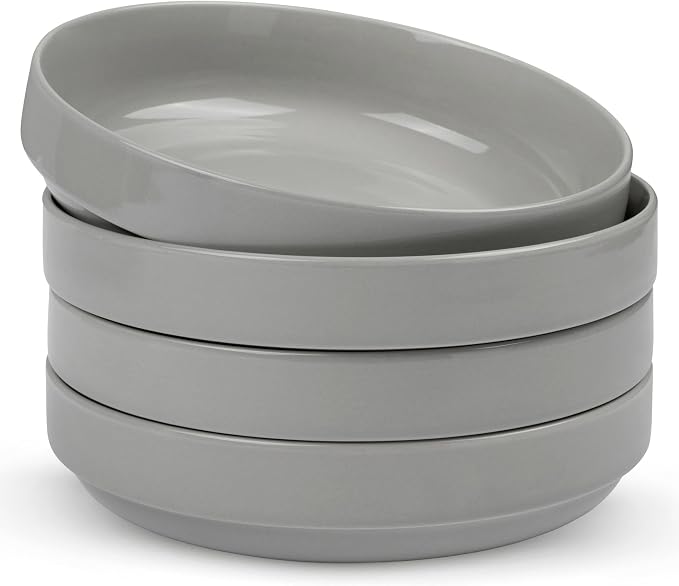 KooK Ceramic Large Pasta Bowls, Microwave and Dishwasher Safe, Great for Soups and Salads, Shallow Serving Bowls, Glossy Porcelain, 47 oz, Set of 4, Powder Grey