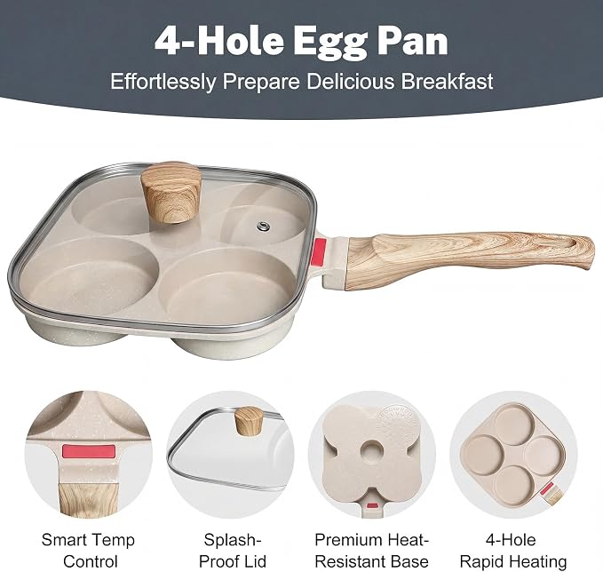 4‑Cup Nonstick Egg Pan Set with Lid – Aluminum Omelette Skillet for Breakfast, Includes Silicone Scraper, Oil Brush, Chopsticks & Cleaning Cloth – Compatible with Gas & Induction Cooktops (White)