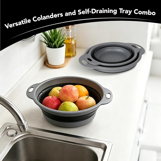 Collapsible Colander Set of 3, Silicone Food Foldable Strainer for Cooking Pasta, Vegetables and Fruit (3QT, 4QT and 5QT), Black