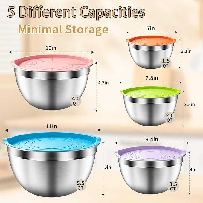 Mixing Bowls with Airtight Lids Set, 5 PCS Stainless Steel Colorful | Nesting Storage Bowls for Kitchen, Large Prep Metal Bowl, 5.5/4/3.5/2/1.5 QT for Mixing, Serving & Backing, Dishwasher Safe