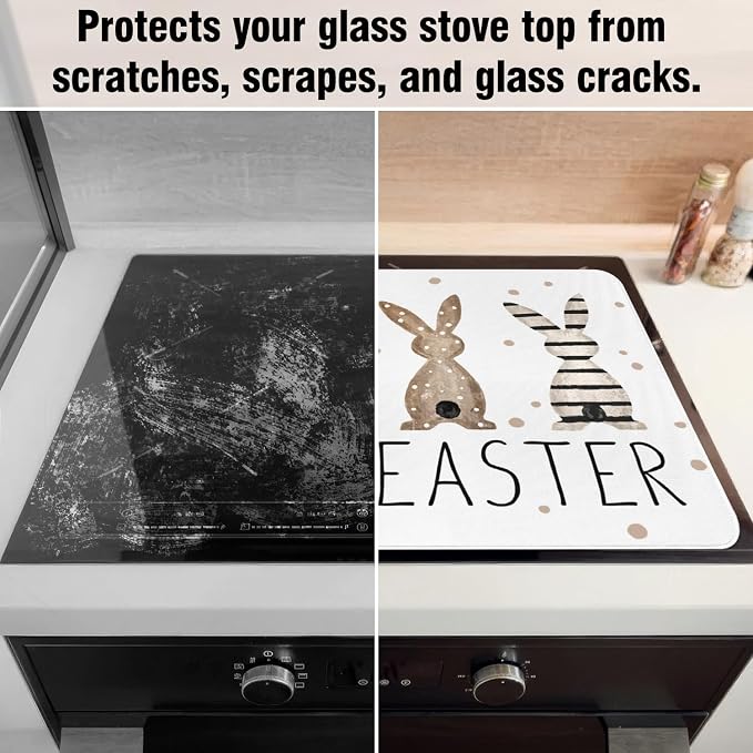 Happy Easter Glass Stove Top Covers for Electric Stove,Spring Rabbit Bunnies Polka Dots Heat Resistant Cooktop Protector Non-Slip Washable Dish Drying Mat Rug Pad for Kitchen Decor 28"x20"