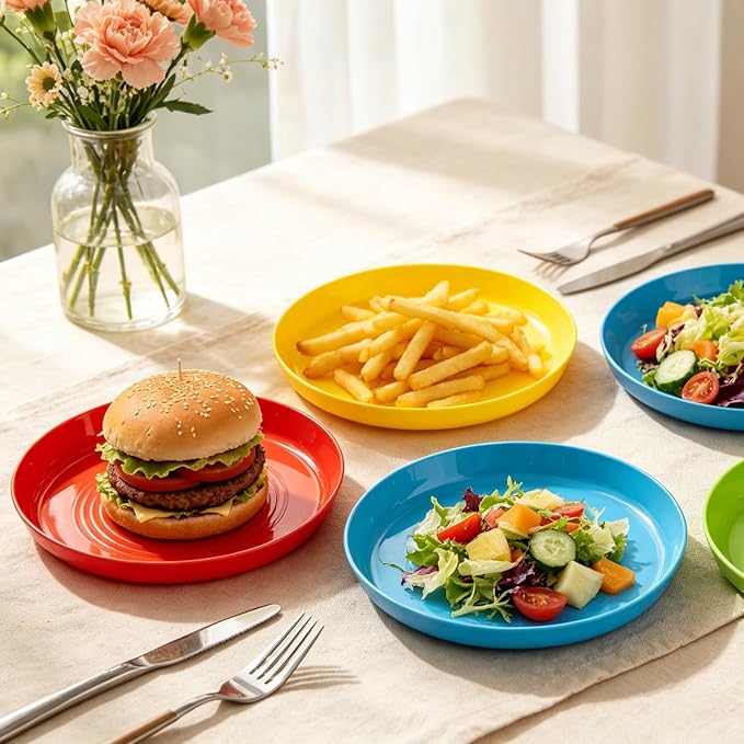 Frcctre 24 Pack Kids Plastic Plates, 7 Inch Small Unbreakable Children Dinner Plates Set BPA Free Reusable Snack Salad Plate for BBQ, Travel, Events, Dishwasher Safe, 8 Colors