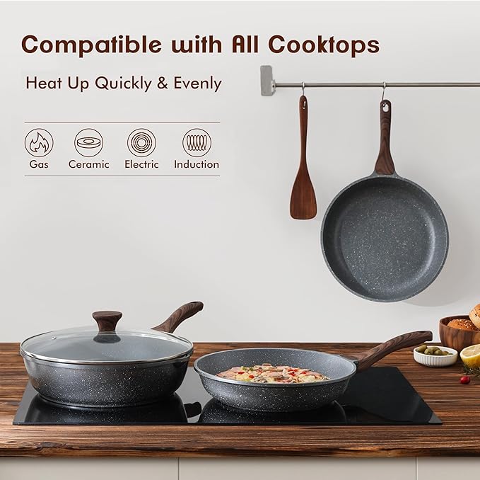 SENSARTE Nonstick Frying Pans, Grey(9.5 Inch Frying Pan and 5QT Saute Pan) | Swiss Granite Coating, Free of PFOA&PFOS, Compatible with All Stoves Including Induction Cooktops, Easy to Clean