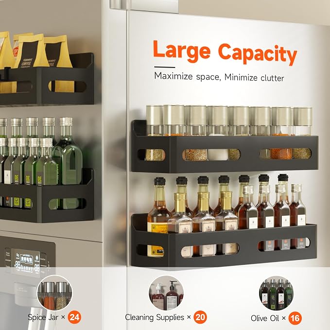 2-Pack Magnetic Spice Rack for Refrigerator with Hooks, Black | Strong multipurpose magnetic shelf for kitchen & bathroom organization. Includes 4 removable hooks for hanging items.