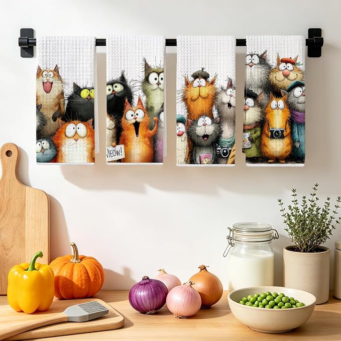 4 Pcs Cute Cat Kitchen Towels, Funny Cats Gifts Absorbent Hand Towels-08 | Cat Dish Cloths for Drying Dishes, Cats Waffle Dish Towels for Kitchen Home Bathroom Decor, Cat Lover Gifts for Women Mom