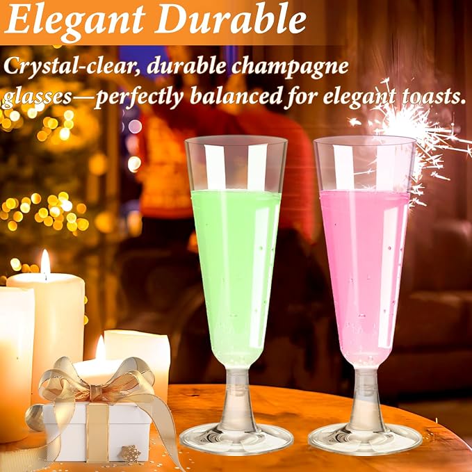 GuanQiao Plastic Champagne Flutes 100 Pack, 5.5 Oz Clear Disposable Plastic Champagne Glasses, Wine Glasses Cups for Wedding Celebration Birthday Party Wine Tasting New Years Eve Party Supplies