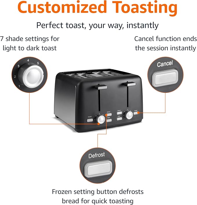 Amazon Basics 4 Slice Toaster, 7 Browning Settings, Extra Wide Slots for Bagels and Specialty Breads, Removable Crumb Tray, Cancel/Defrost/Bagel Buttons, 1500W, Black & Silver