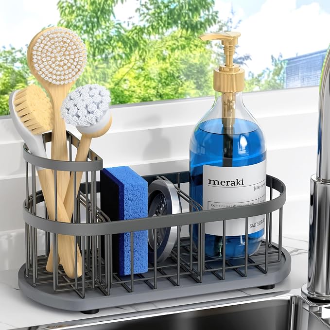Sink Caddy Kitchen Sink Organizer, Sponge & Brush Holder, Stone Drying Mat | Space-Saving Sink Sponge Holder with Full-Size Tool Storage, Fits Most Sinks, Kitchen Sink Accessory and Countertop Organizer