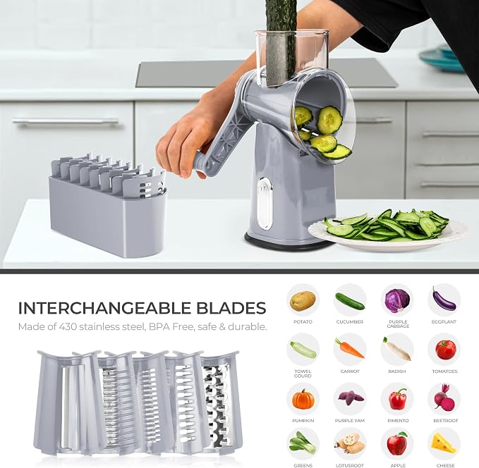 SUSTEAS Rotary Cheese Grater 5 Blades,Kitchen Mandoline Vegetable Slicer | Gray, Easy to Clean, Strong Suction Base, 5 Blades Storage Box, Round Mandoline Slicer & Food Chopper for Salad