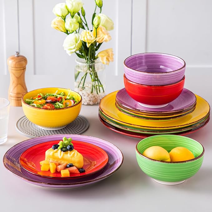 vancasso Bonita Dinnerware Set Multicolor Stoneware 12 Pieces Service for 4 | Handpainted Spirals Pattern Stoneware Plates and Bowls Set, Modern Ceramic Plate Set-Microwave and Dishwasher Safe