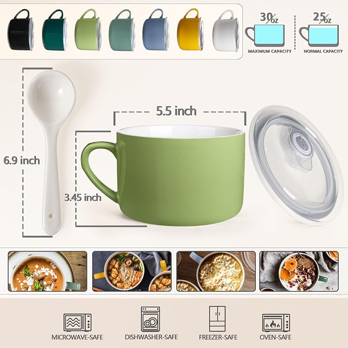 Soup Bowls with Handles & Spoons, 30oz Ceramic Ramen Bowl with Lid, Large Soup Mugs/Cups for Instant Noodle, Big Cereal Bowls for Oatmeal, Soup Containers with Lids, Set of 2, Grass Green