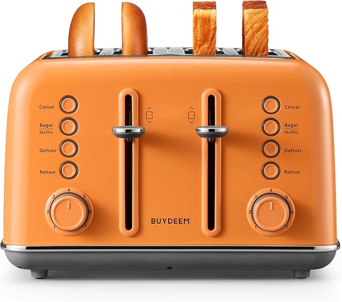 BUYDEEM DT640 4-Slice Toaster, 7 Shade Settings, Extra Wide 1.5’’ Slots for Bagel & English Muffin, 6 Toasting Functions, Retro Stainless Steel Toaster with High Lift Lever, 1800W, Orange