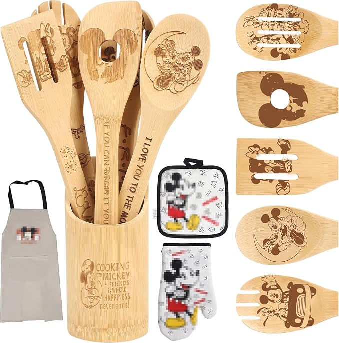 Wooden Spoon for Cooking- Cartoon Wooden Spoons Bamboo Utensils Set Kitchen Decoration- Birthday Gift Kitchen Accessory with Cute Apron Oven Mitt Potholder- Best Kitchen Gifts for Women Friends (Grey)