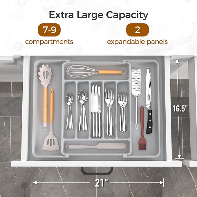 ukeetap Extra Large Expandable Silverware Organizer, Flatware Tray,Gray | BPA-Free Food-Safe Kitchen Utensil Cutlery Drawer Organizer, Adjustable Silverware Holder for Spoons Forks Knives