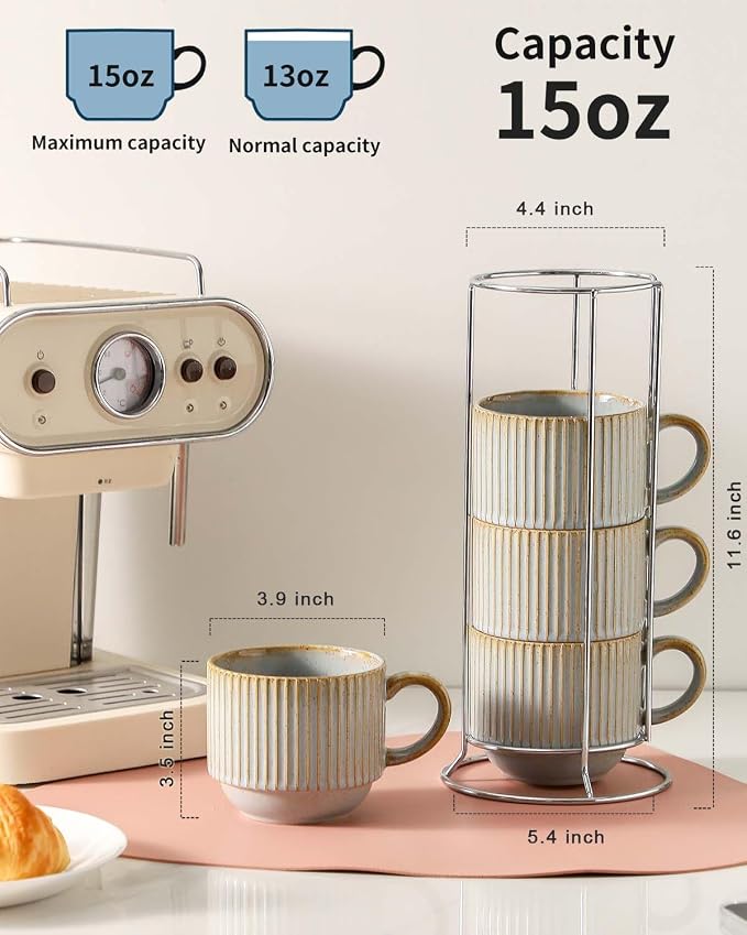 HASENSE Coffee Mug Ceramic Set of 4 with Stand - 15 oz Rustic Farmhouse Stackable Ribbed Latte Cup Set for Cappuccino, Tea, Hot Cocoa, Drinks - Dishwasher & Microwave Safe, Lavender Gray
