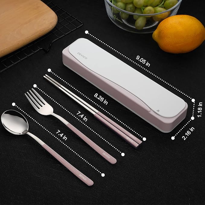 DEVICO Travel Utensils with Case, 4Pcs Portable Silverware Set for Work, 18/8 Stainless Steel Reusable Cutlery, Korean Spoon and Chopsticks Fork for Camping, School, Lunch Box Accessories (Pink)