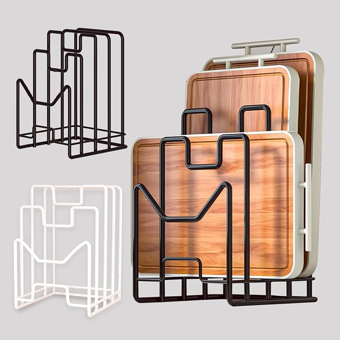 Multifunctional Cutting Board Organizer, Cutting Board Holder Rack Baking Cookie Pan Sheets Cooling Racks Storage Stand for Kitchen Cabinet -Divided Holder with 4 Slots (2PS Black) (1White+1Black)