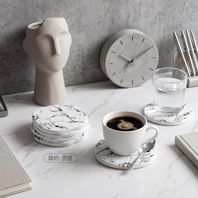 Diatomaceous Earth Coasters Set of 8，Cool Absorbent Quick-Dry Drink Coasters for Desks, Cute Modern Stone Design with Stylish Grey Aesthetic (8, Marble White)