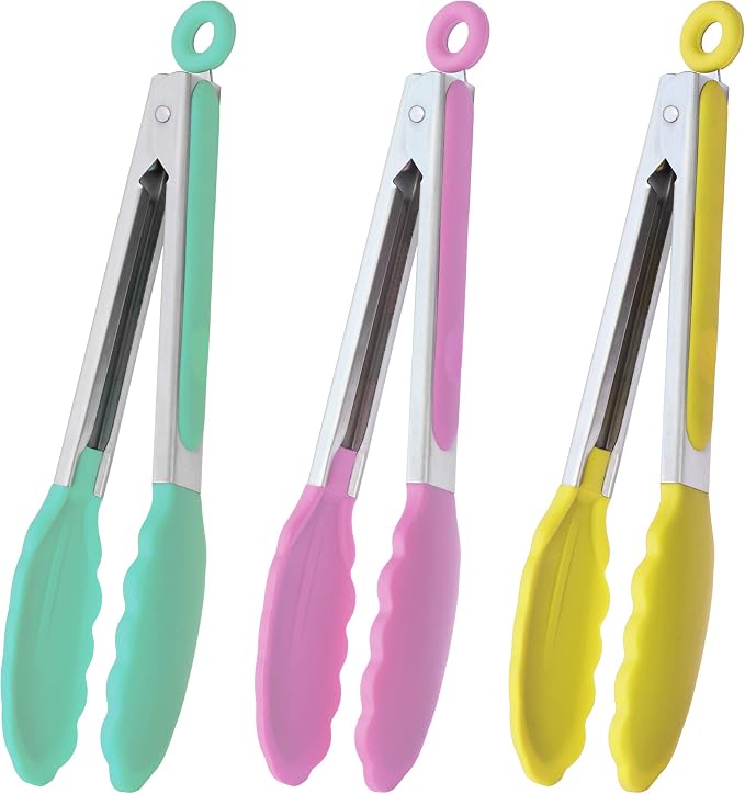 HINMAY 9-Inch Serving Tongs with Silicone Tips, Set of 3 (Mint Pink Yellow)