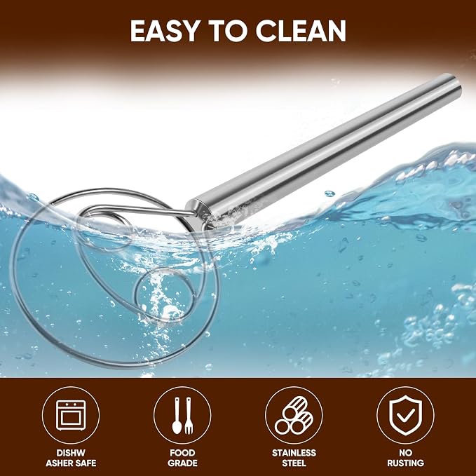 Maxjoy Danish Dough Whisk Stainless Steel for Sourdough Bread | Dutch Dough Hook, Replaces Dough Mixer Spoon, Food Grade & Rust Resistant, Easy Clean & Dishwasher Safe, Home Baking Tool
